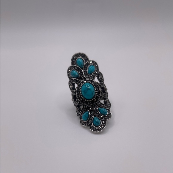 Silver toned BOHO peacock ring with Faux Turquoise Stones - Size 8 - Picture 15 of 15